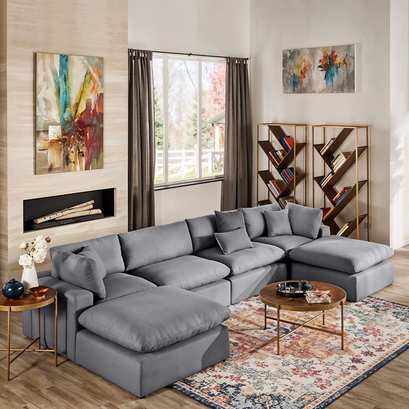 Malazhouse Beech Wood and Linen 4 Seater Sofa and 2 Poufs - Grey - Image 1